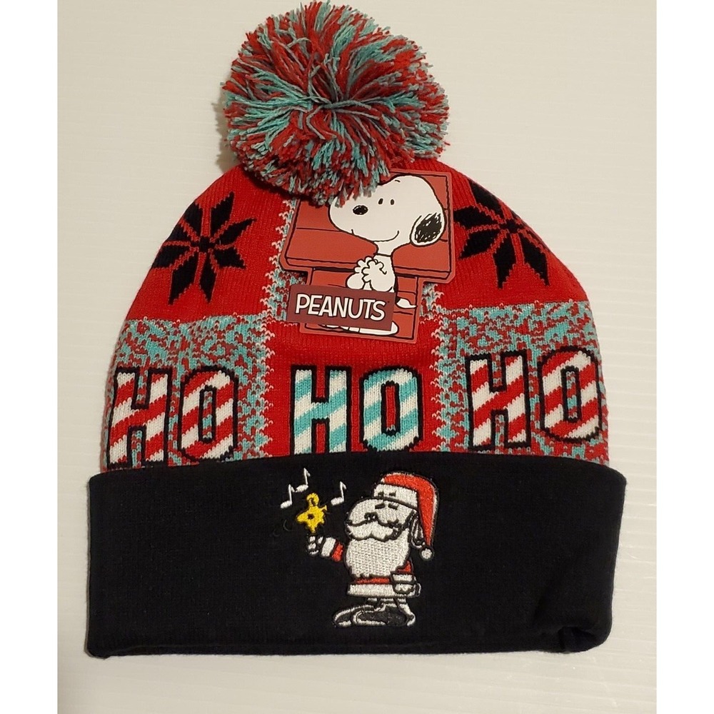 Peanuts Santa Snoopy Adult Size Red/Black Pom Pom Christmas Hat Beanie OSFM